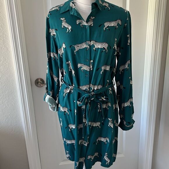 Sugarhill Brighton Fabulous Teal Zebra Print Shirt Dress Belted US SZ 8 - Picture 1 of 12